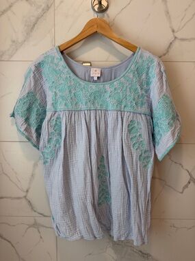 J. Marie Light Blue Embroidered Cotton Peasant Top with Mint Accents